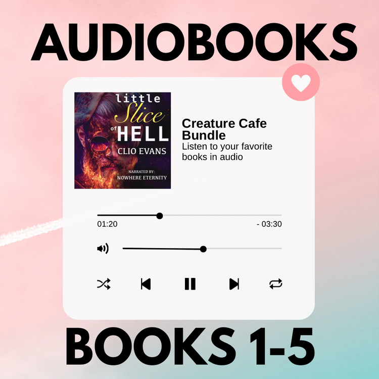Promotional image for Creature Cafe audiobook bundle, featuring an audiobook interface with track details, and the text 'Audiobooks' and 'BOOKS 1-5'.