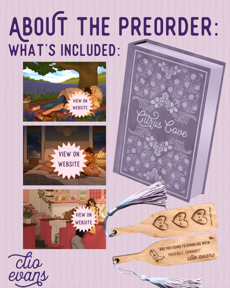 Promotional image for a preorder with a book titled 'Citrus Cove', bookmark, and prints on a light purple background.