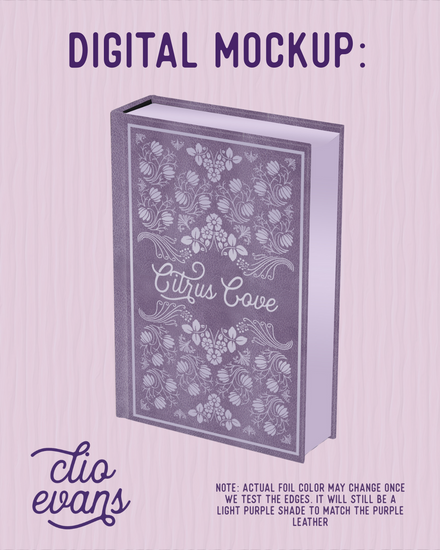 Digital mockup of a book with foil design and 'Clio Evans' branding on a light purple background.