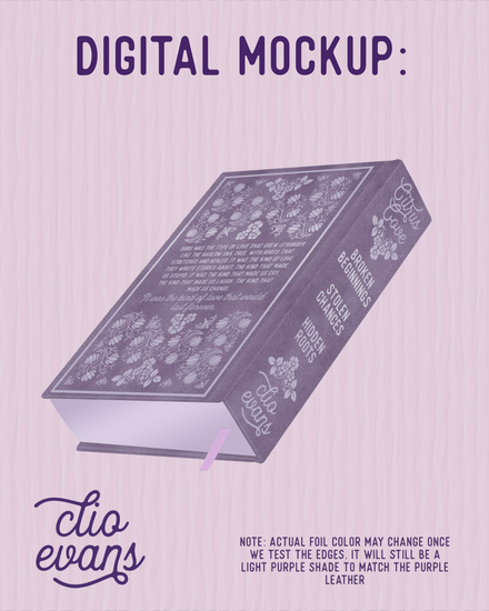 Digital mockup of a book with foil design on a textured purple background, featuring the brand 'clio evans'.