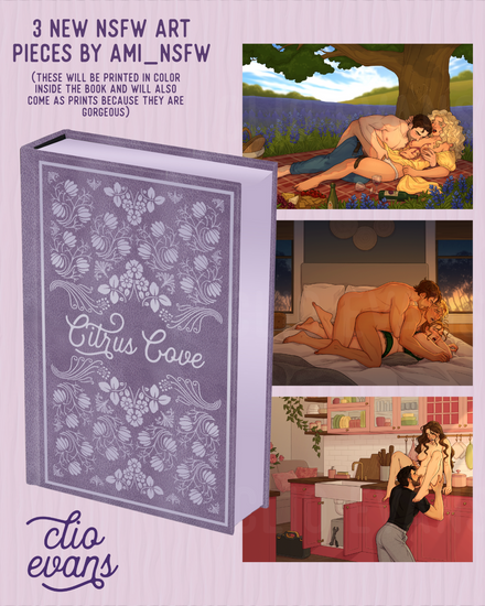 Citrus Cove Omnibus Special edition on a purple background with three NSFW art prints on the right of the characters.