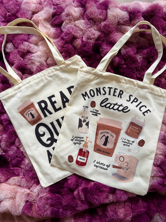 Monster Spice Latte + Read Queer All Year Tote Bag